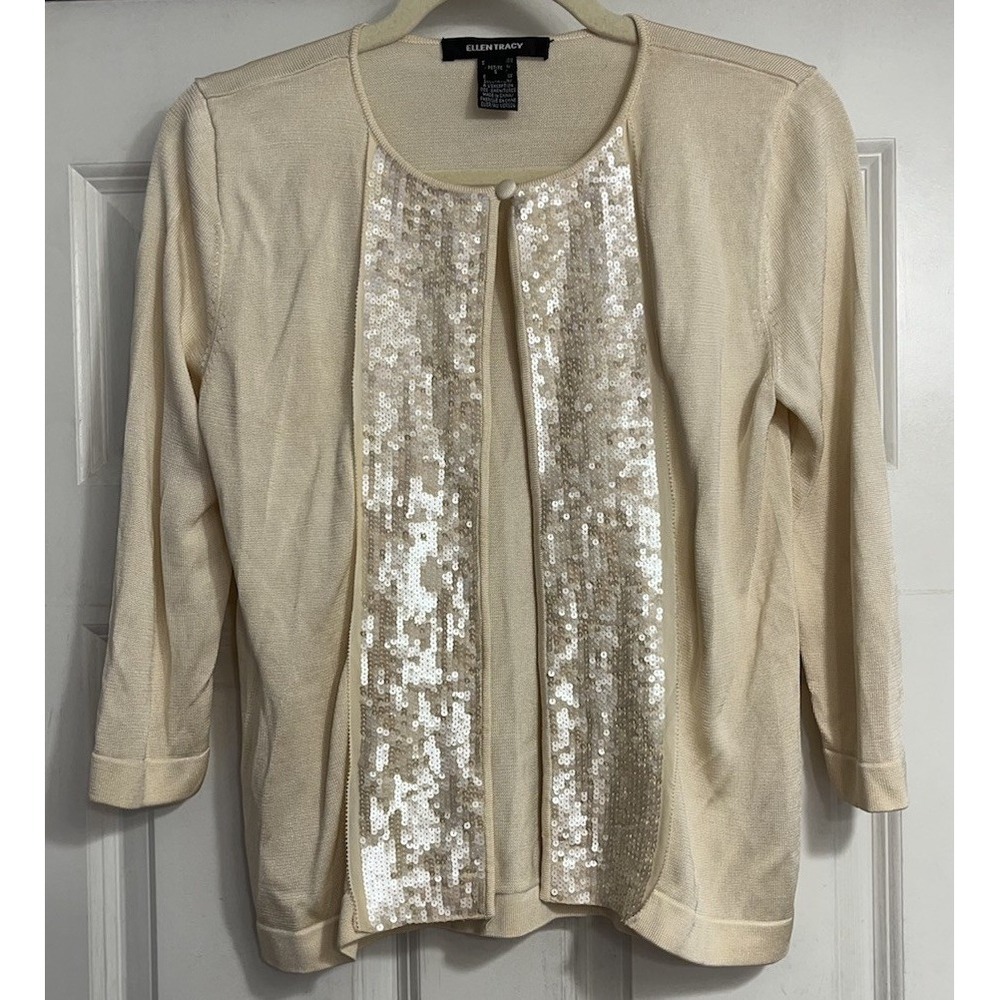 Ellen Tracy Petite Small Silk Blend Cardigan Sweater Sequin Formal Dressy